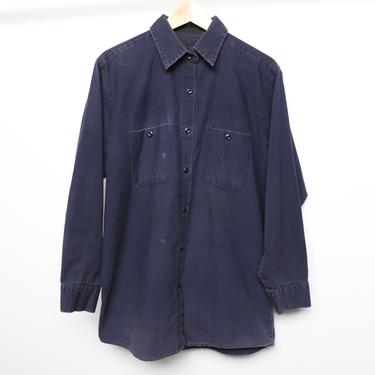 vintage faded distressed men's WORK WEAR navy blue cotton faded dickies style men's button down shirt -- 