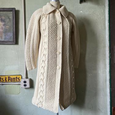 Vintage 1940s Cream Knit Wool Sweater Popcorn 3D Cardigan Long Coat Hand Knitted