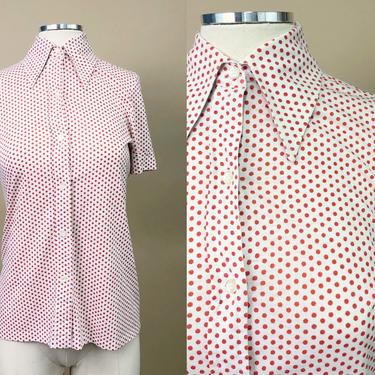 Vintage 1970s Red & White Polka Dot Blouse, Knit Editions by Ship n Shore, 70s Dagger Collar, Vintage Everyday Wear, Size Small by Mo