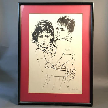Brother and Sister - Moshe Gat signed and numbered print - vintage 1960s Israeli art 