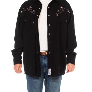 1990S Black Poly/Rayon Embroidered Goth Western Men's Shirt 
