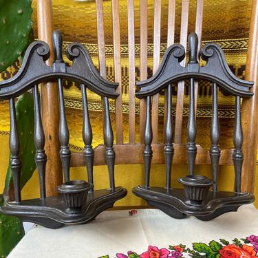 Set of 2 Vintage Homco Faux Wood Candle Holders Gothic Medieval Look 