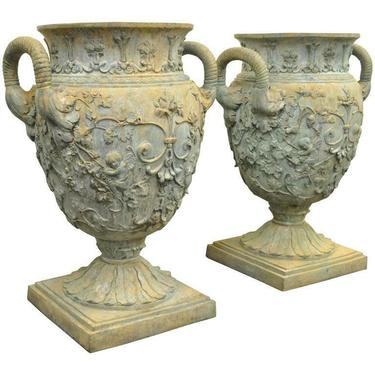 Monumental Pair of 40" Figural Cast Bronze French Neoclassical Style Garden Urns