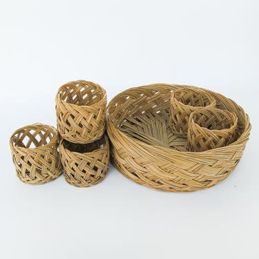 Vintage Woven Basket Bar Serving Tray with 6 Cup Holders 