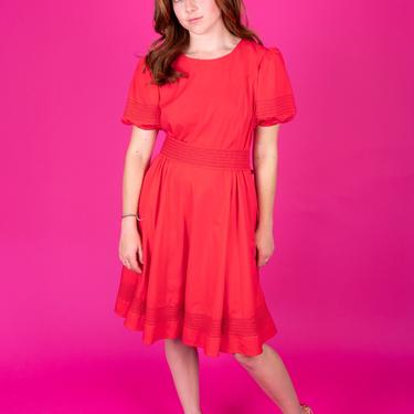 Vintage Hand Made Red Puff Sleeved Dress With Sash and Stitching Detail 
