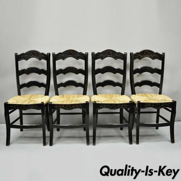 4 French Country Rush Seat Ladder Back Black Shell Carved Dining Side Chairs