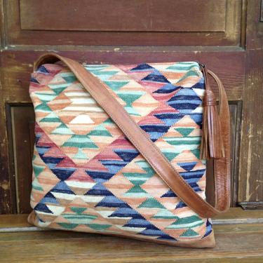 Tapestry Leather Satchel Handbag, Aztec, Colorful 