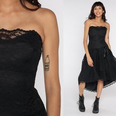 Black Lace Dress 80s STRAPLESS Prom Dress Black Midi Dress Bow Party Formal Dress Vintage Goth Extra Small xs 