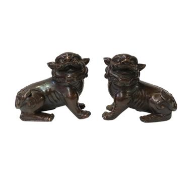 Pair Chinese Oriental Brown Color Metal Fengshui Foo Dog Figures ws1576E 