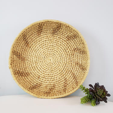 Vintage Wicker Seagrass Wall Basket Bowl with Two-Tone Geometric Swirl Design 