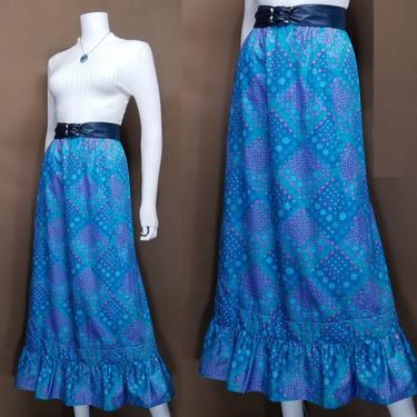 Vintage 80s Givenchy Maxi Skirt ~ 60s Flower Power Print ~ Prairie Skirt Cut ~ Lavender Blue Floral ~ Ruffle Hem ~ Designer Fashion ~ Small 