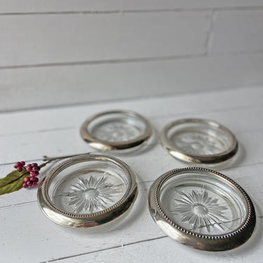 Vintage W&S Blackinton Crystal Glass And Silverplate Coasters, Set of 4 | Unique Glass Coasters, Eclectic, Boho Coasters, Perfect Gift 