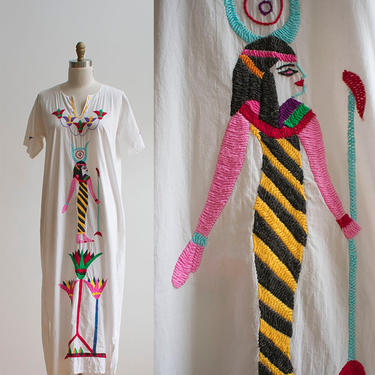 1970s Maxi Dress / Egyptian Dress / Cotton Maxi Dress / Long Hippie Dress / 1970s Cotton Dress / Embroidered Vintage Dress 