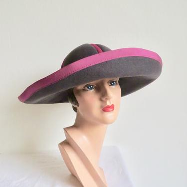 Vintage 1980's Louis Feraud Paris Gray Wool Felt Large Brimmed Cloche Style Hat Magenta Felt and Ribbon Trim 80's Millinery French Designer 