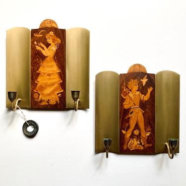 Mjolby Intarsia Marquetry Wood & Brass Sconces, Antique 1930s Swedish Art Deco 