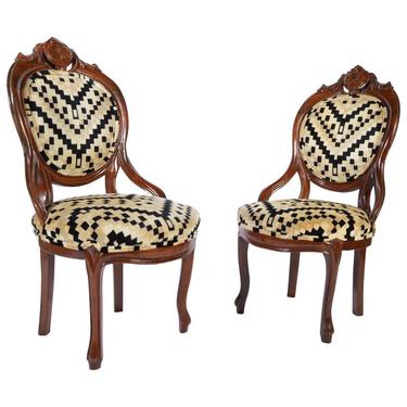 Victorian Parlor Chairs Having Carved Mahogany Frames with Art Deco Upholstery