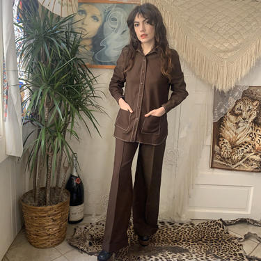 70’s CHOCOLATE TWO PIECE - high-waisted bells - button up top with pockets - large 