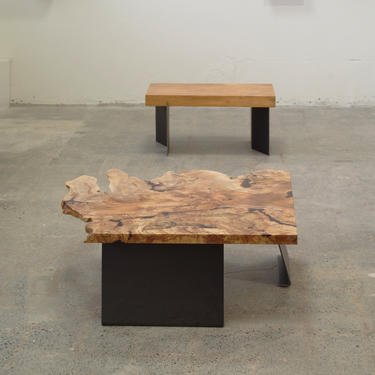 reclaimed live edge coffee table - from urban salvage maple burl and recycled steel - birdloft original design - sustainable landscape 