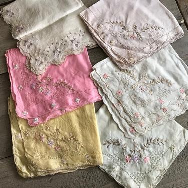 French Silk Handkerchief, Floral Embroidery, Faded Pastel, Silk Hankie, Set of 5 
