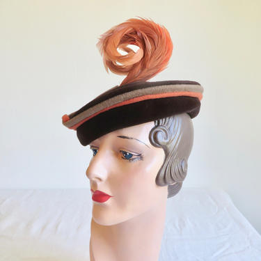Vintage 1950's Brown and Orange Felt Hat with Feathers Lou Lattimore Dallas 50's Millinery 