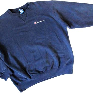 90s Champion Sweatshirt Single V L XL - Champion made in USA Embroidered Logo Spell Out Pullover Crewneck Sweatshirt Navy Blue - Athletic 