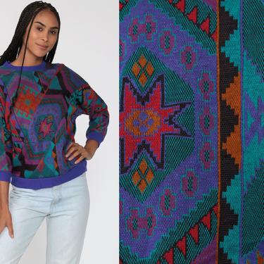SOUTHWESTERN Sweater 90s Geometric Aztec Sweatshirt Bohemian Vintage Blue Pullover Jumper Knit Dolman Sleeve 1990s Acrylic Poly Small 