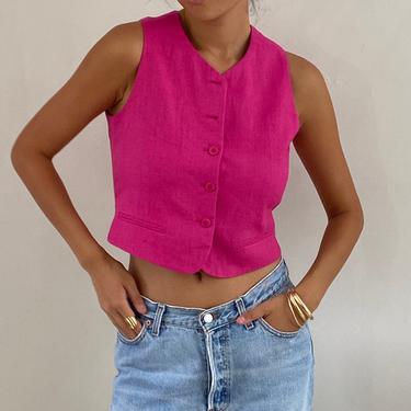 90s linen waistcoat vest / vintage deadstock hot fuchsia pink woven linen button front vest waistcoat sleeveless blouse | S 