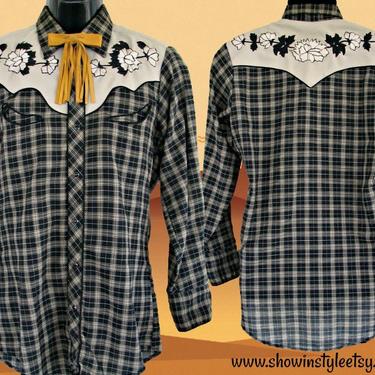 Karman Kenny Rogers, Vintage Western Retro Men's Cowboy Shirt, Black Plaid with Floral Embroidery, 16.5-34, Approx. Large (see meas. photo) 