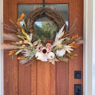 Boho Pampas Wreath, Whimsical Blush Fall Wreath, Front Door Wreath, Modern Autumn Wreath 