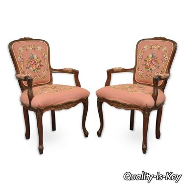 Pair of Vintage French Louis XV Styl Pink Floral Needlepoint Fireside Arm Chairs