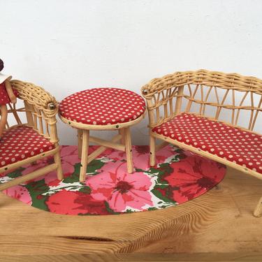 Vintage German Wicker Doll Furniture, Red And White Polka Dot, Miniature Porch Furniture 