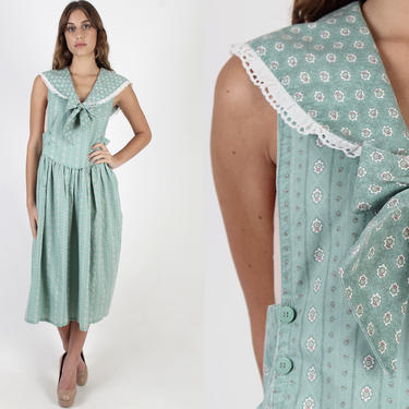 Nautical Inspired Country Pinafore Dress / Mint Calico Floral Maxi Dress / Vintage 70s Folk Prairie Dress / Americana Porch Maxi Dress 