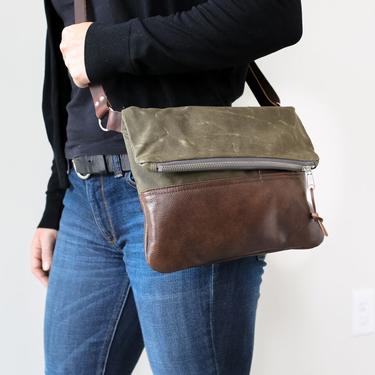 Waxed Canvas &amp; Leather Foldover Day Bag Olive