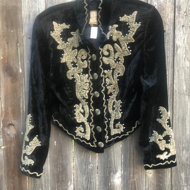 Vintage 80s Double D Ranch Black Velvet Jacket w/studs and chenille applique s/m  Steampunk/Goth/Western 