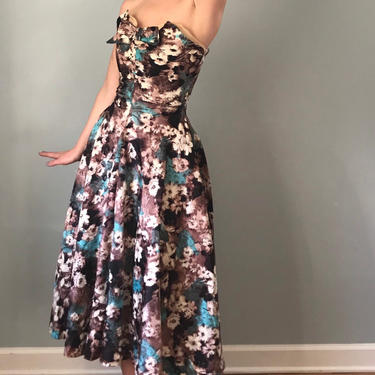 Vintage 50s Silk Strapless Floral Print Fit and Flare 