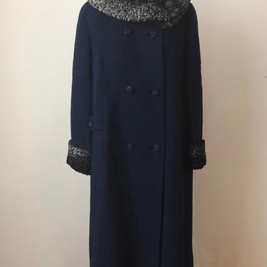 Navy Blue Wool Coat with Gray Persian Lamb Collar and Cuffs - 1960s 