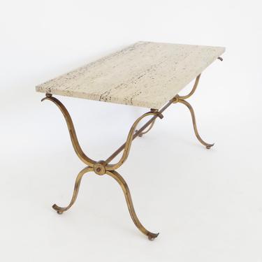 French Gilded Iron and Travertine Coffee or Side Table Signed Maison Ramsay