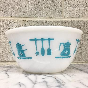 Vintage Hazel Atlas Bowl Retro 1950s Turquoise + White Ceramic + 8 Inch Utensil + Cookware Pattern + Mixing or Serving Bowl + Kitchen Decor 