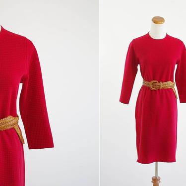 Vintage Womens Shift Dress, Red Houndstooth Dress, 60s 70s Dress, Fall Winter Dress, Petite Small 