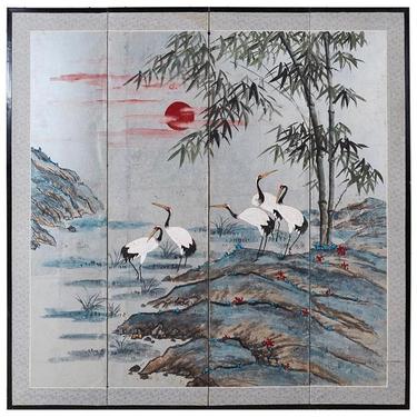 Japanese Four-Panel Kano School Manchurian Crane Screen by ErinLaneEstate