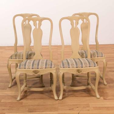 Set Of 4 Cream Dining Chairs W/ Striped Upholstery