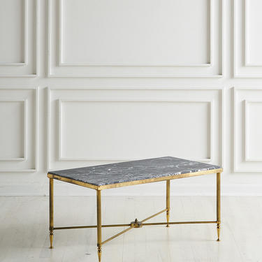 French Brass Coffee Table with Honed Marble Top