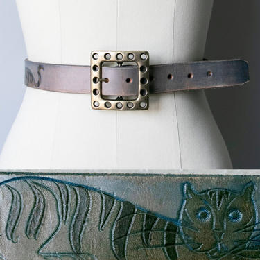 1970s Leather Belt Cats Tooled Waist Cinch XS 