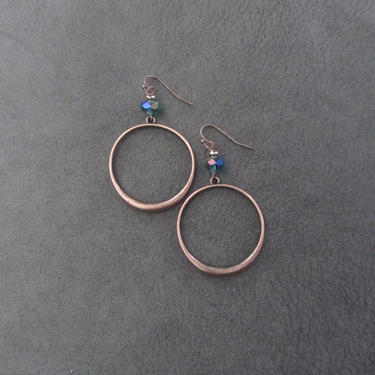 Copper hoop earrings, teal crystal earrings, bold statement earrings, artisan boho earrings, bohemian gypsy earrings, hammered metal 