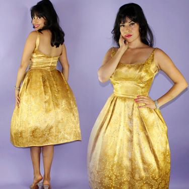 GILDED... vintage 1950's gold French Toile brocade lures cocktail party dress 