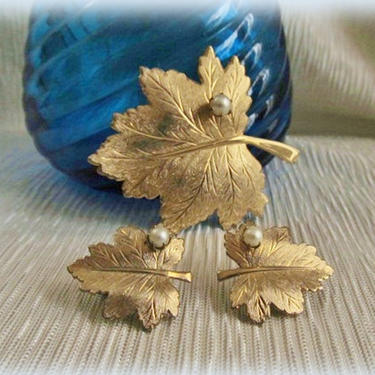 Maple Leaf, Fall Leaves Demi Parure 2-Pc Set, Statement Pin Brooch, Earrings, Sarah Coventry Vintage 60s 