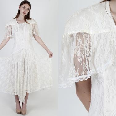 80s Plain White Gunne Sax Dress / 1980s Romantic Floral Lace Dress / Deco Bridal Tea Party Capelet Collar Lawn Midi Dress 