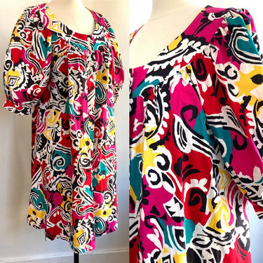 Colorful 70's 80's Vintage Abstract DAVID BROWN Robe Duster Caftan Cover-Up Dress / Big PUFF Sleeves + Pockets 