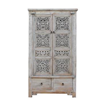 Chinese Distressed Off White Relief Carving  Armoire Storage Cabinet cs5418S