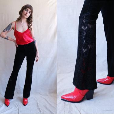 Vintage Y2K Suede Cut Out Rose Flares/ Mid Rise Black Leather Pants/ Size Small 